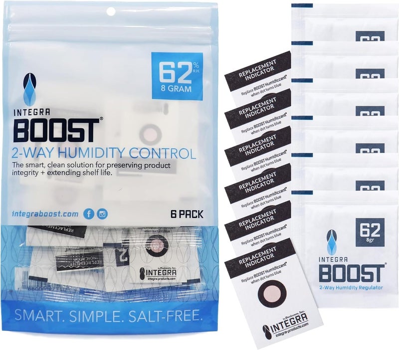 Integra Boost 62% RH Level - 8 Gram Size - Two-Way Humidity Control Pack - Includes Replacement Indicator Cards - Food Storage & Herbs Moisture Balancer for Up to 1oz (Pack of 6) - Image 1